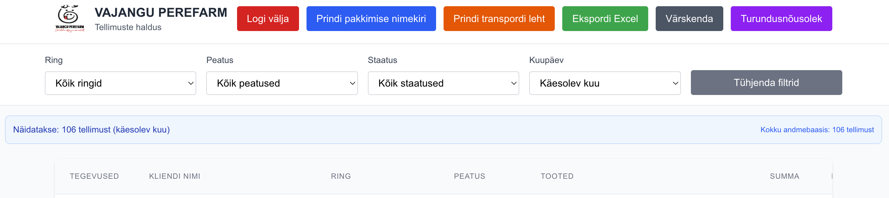 Vajangu Perefarm tellimuste süsteem - admin vaade
